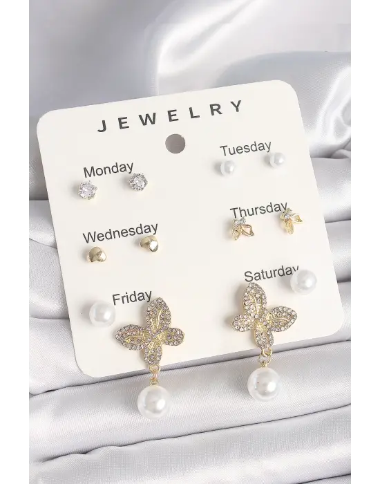 Çelik Gold Renk Sallantı Zirkon Taşlı Kelebek Figür İnci Detay 7Li Kadın Küpe Seti