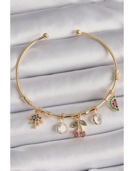 Pirinç Gold Renk Sallantı Zirkon Taşlı Kiraz Figür Ağaç Detay Charm Bileklik