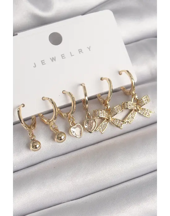  Altın Sallantı Zirkon Taşlı Kurdele Model Kalp Detay Çelik Küpe Seti