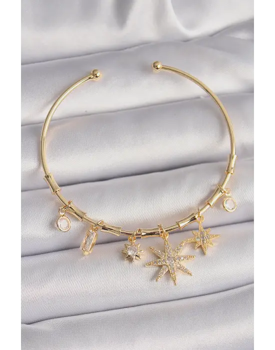 Pirinç Gold Renk Sallantı Zirkon Taşlı Kutup Yıldız Figür Charm Bileklik