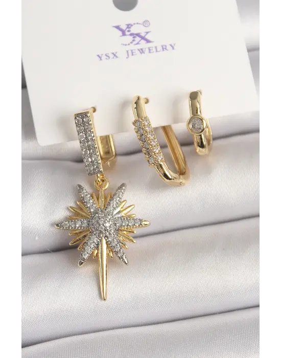 Pirinç Gold Renk Sallantı Zirkon Taşlı Kutup Yıldız Model 3Lü Kadın Kombin Küpe
