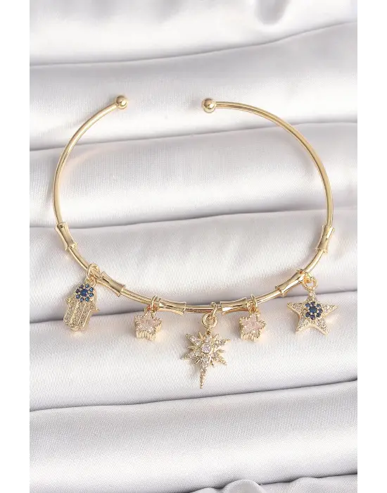 Pirinç Gold Renk Sallantı Zirkon Taşlı Kutup Yıldız Model Charm Model Kadın Bileklik