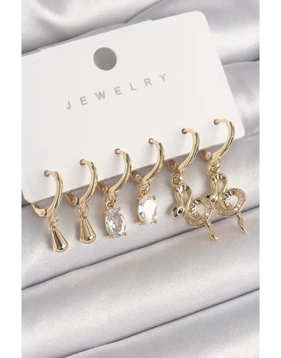 Altın Sallantı Zirkon Taşlı Yılan Model Çelik Küpe Seti