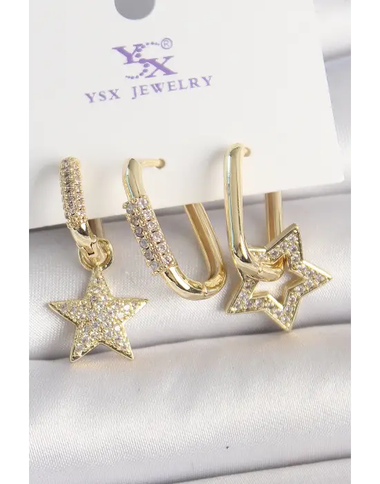 Pirinç Gold Renk Sallantı Zirkon Taşlı Yıldız Model 3Lü Kadın Kombin Küpe