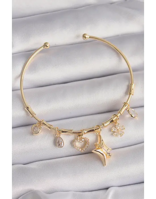 Pirinç Gold Renk Sallantı Zirkon Taşlı Yıldız Model Çiçek Detay Charm Bileklik