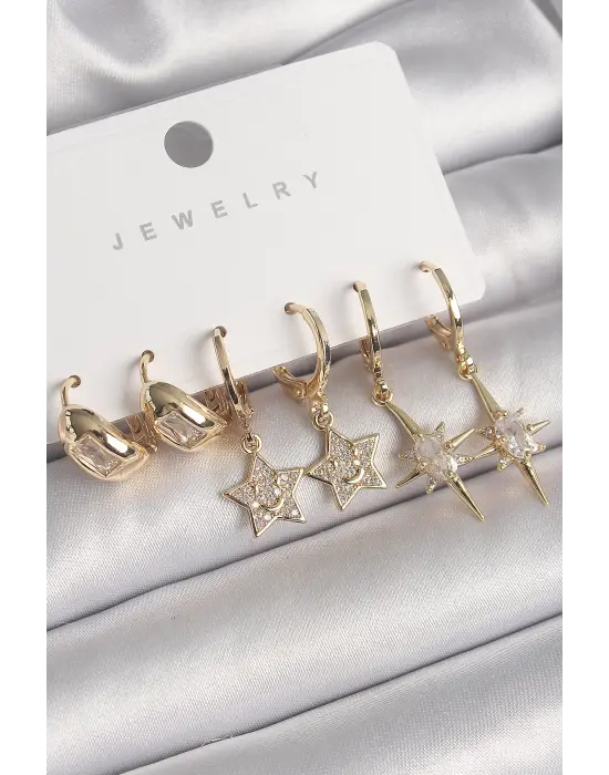  Altın Sallantı Zirkon Taşlı Yıldız Model Çelik Küpe Seti