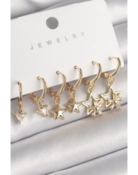  Altın Sallantı Zirkon Taşlı Yıldız Model Üçgen Detay Çelik Küpe Seti