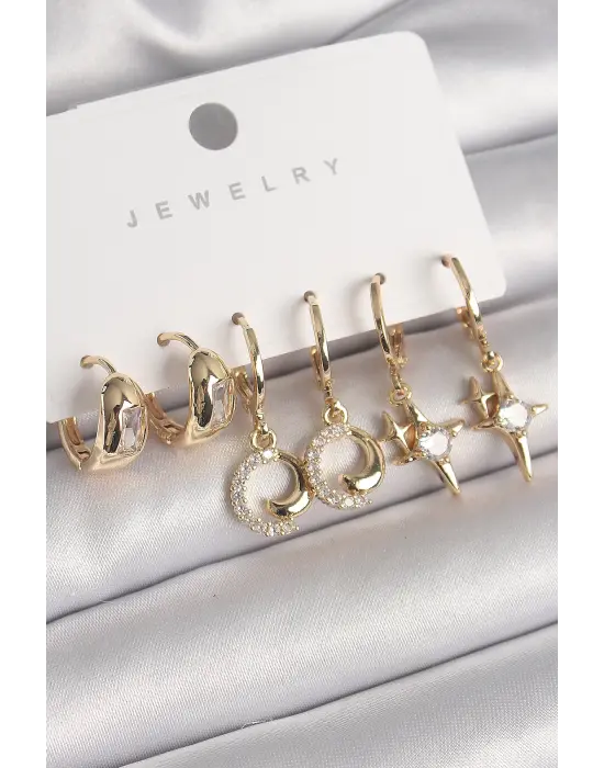  Altın Sallantı Zirkon Taşlı Yıldız Model Yıldız Model Çelik Küpe Seti