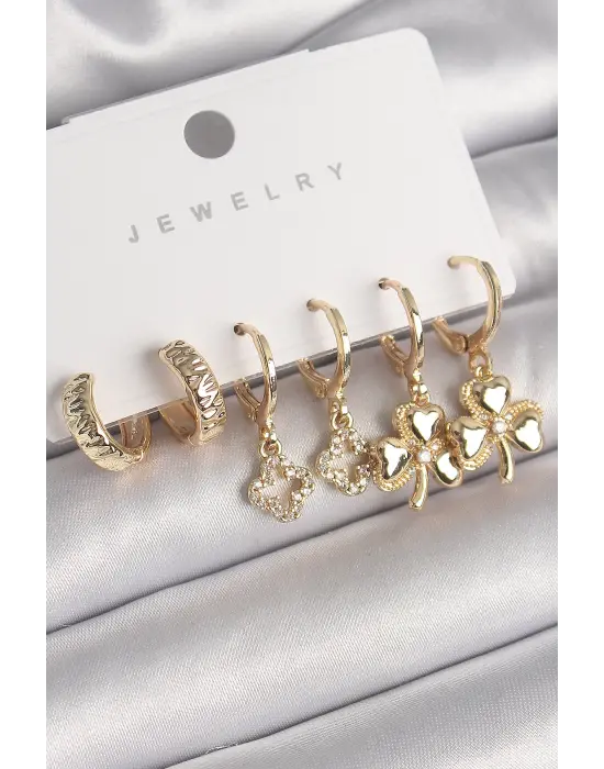 Altın Sallantı Zirkon Taşlı Yonca Model Çelik Küpe Seti