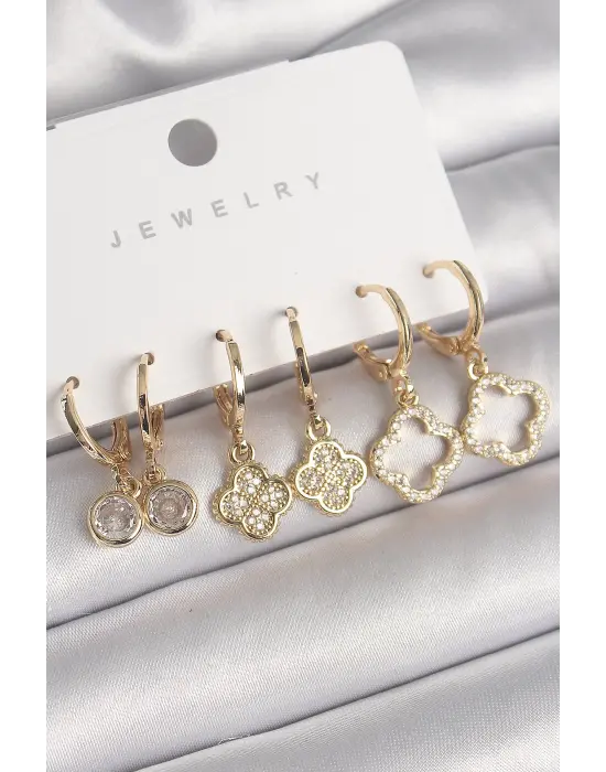  Altın Sallantı Zirkon Taşlı Yonca Model Çelik Küpe Seti