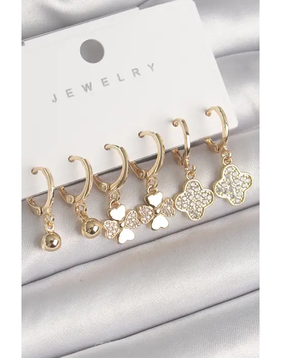  Altın Sallantı Zirkon Taşlı Yonca Model Topçuk Detay Çelik Küpe Seti