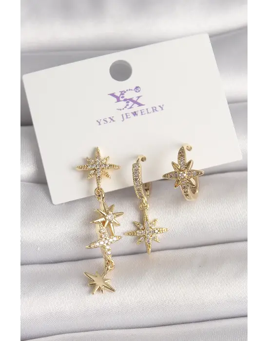 Pirinç Gold Renk Sallantı Zirkon Taşlı Zirkon Taşlı Kutup Yıldız Model 3Lü Kadın Kombin Küpe