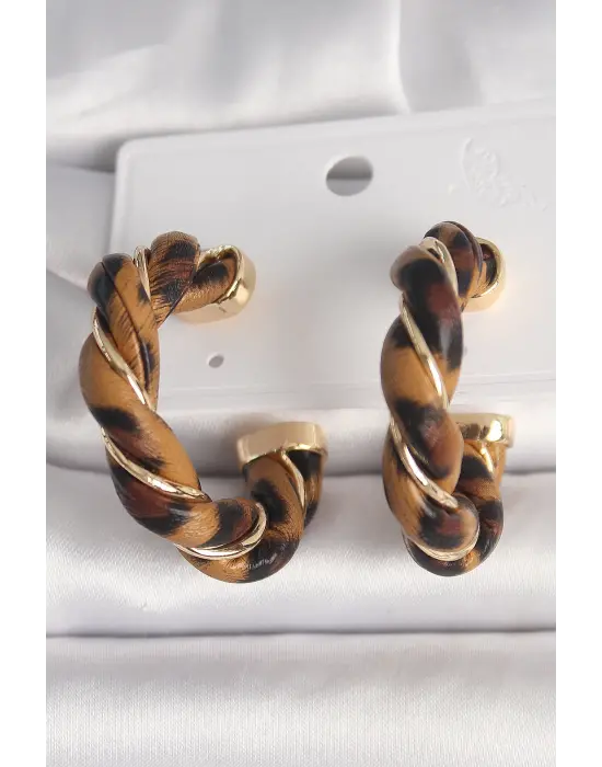 Pirinç Gold Renk Sarmal Halka Leopar Desen Model Kadın Küpe