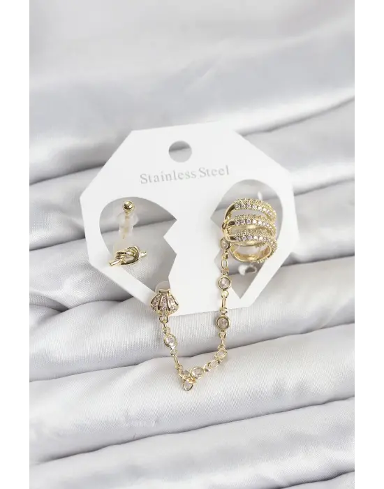Çelik Gold Renk Sarmal Model Zincir Bağlantılı Ear Cuff Küpe Seti