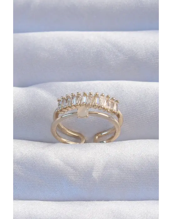  Altın Sedefli Zirkon Taşlı Su Yolu Model 2li Görünüm Ayarlanabilir Yüzük