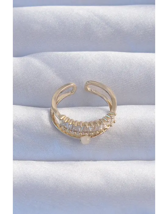  Altın Sedefli Zirkon Taşlı Su Yolu Model 2li Görünüm Ayarlanabilir Yüzük