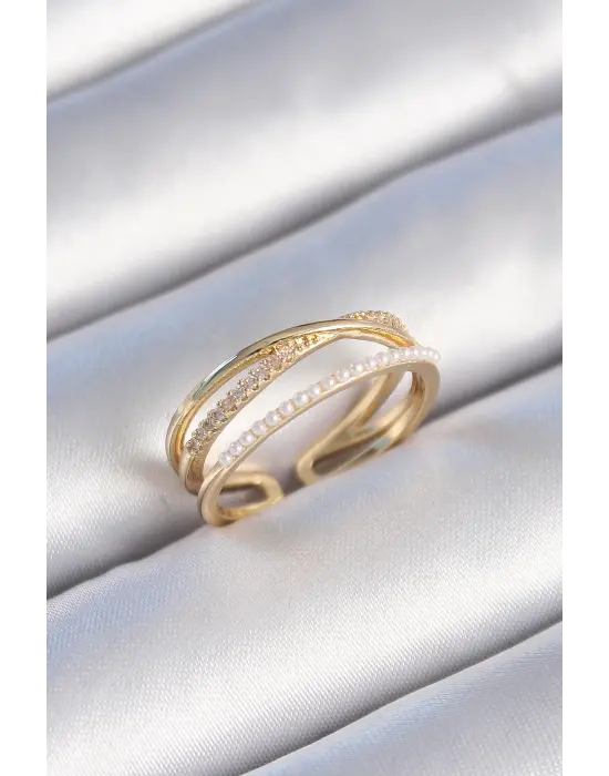  Altın Sıralı Zirkon Taş İnci Detay Çift Sıra Çelik Yüzük