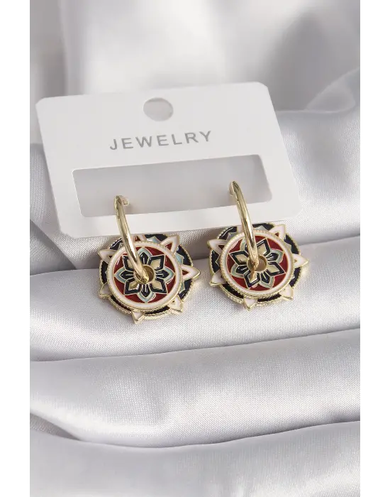  Altın Siyah Beyaz Renkli Motif Model Çelik Küpe