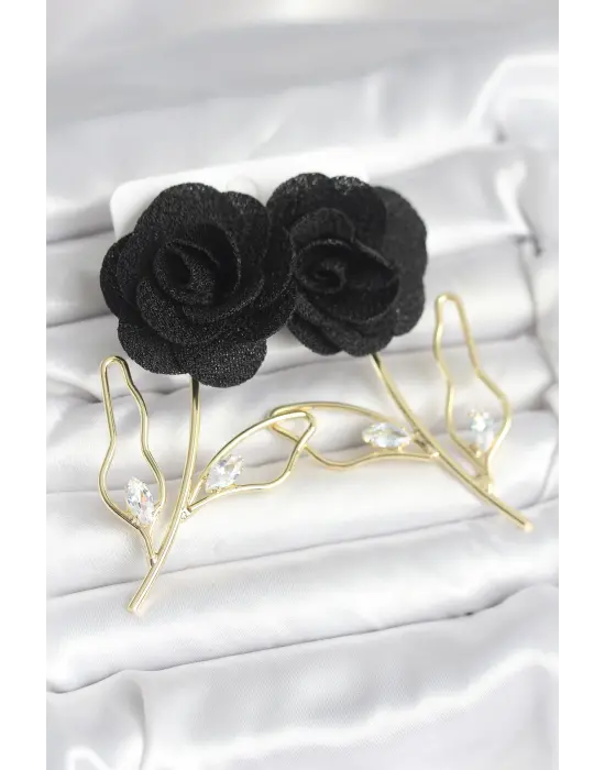 Çelik Gold Renk Siyah Gül Model Kadın Küpe