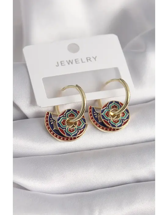  Altın Siyah Kırmızı Renkli Motif Model Çelik Küpe