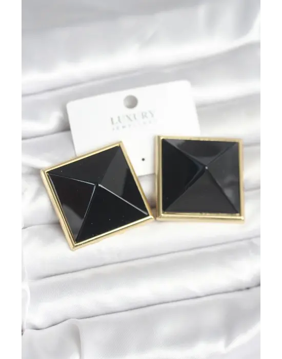 Pirinç Gold Renk Siyah Piramit Model Kadın Küpe
