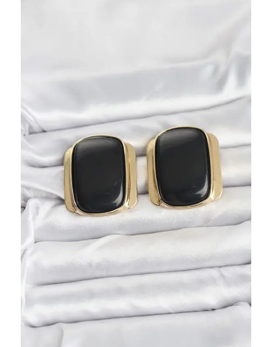 Pirinç Gold Renk Siyah Plaka Vintage Kadın Küpe