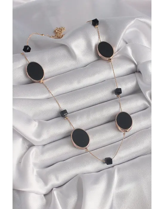 Pirinç Altın  Siyah  Oval Siyah Küp Detay  Çelik Kolye