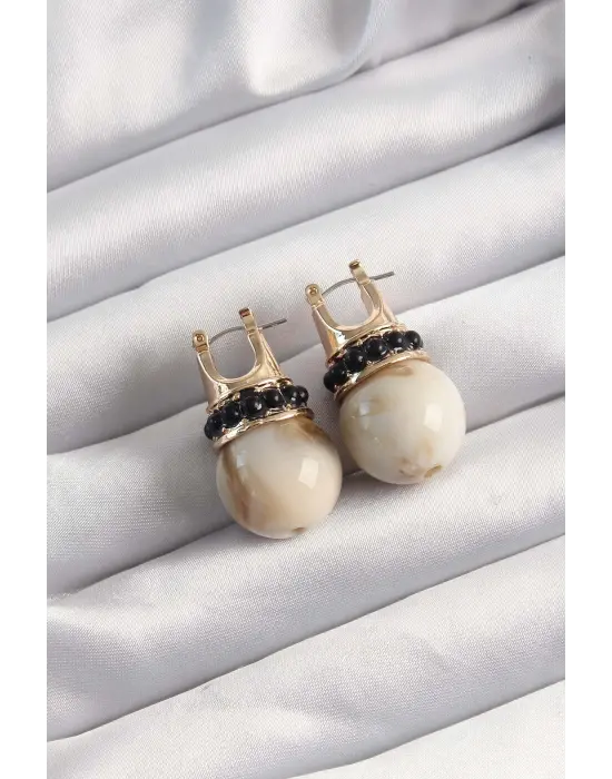  Altın Siyah Taşlı Bej Mermer Desenli Küpe