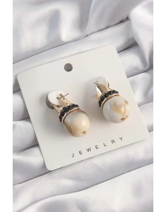  Altın Siyah Taşlı Bej Mermer Desenli Küpe