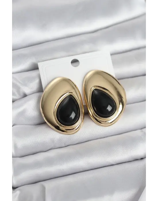 Pirinç Gold Renk Siyah Taşlı Damla Model Vintage Kadın Küpe