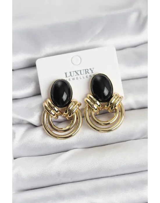 Pirinç Gold Renk Siyah Taşlı Vintage Kadın Küpe