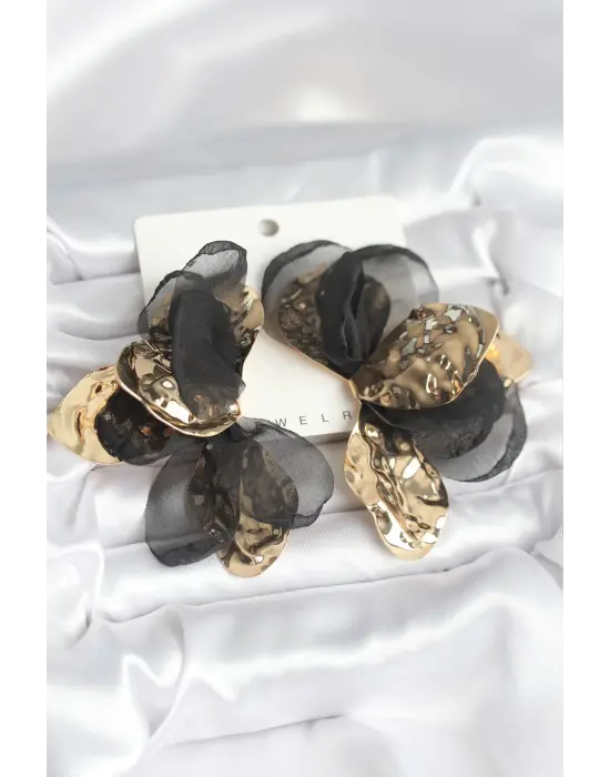 Çelik Gold Renk Siyah Tüllü Lotus Kadın Küpe