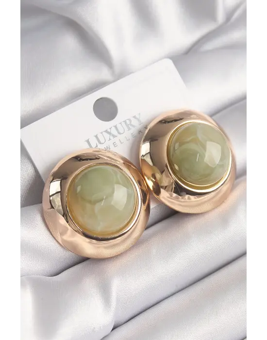  Altın Su Yeşili Doğal Taş Vintage Çelik Küpe