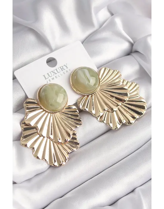  Altın Su Yeşili Mermer Desenli Boncuk Yaprak Model Vintage Çelik Küpe