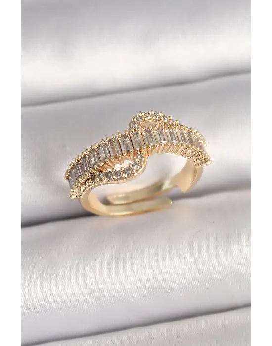 Pirinç Gold Renk Su Yolu Zirkon Taşlı Ayarlanabilir Model Kadın Yüzük