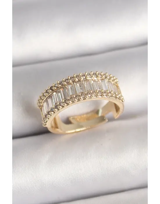 Pirinç Gold Renk Su Yolu Zirkon Taşlı Ayarlanabilir Model Kadın Yüzük