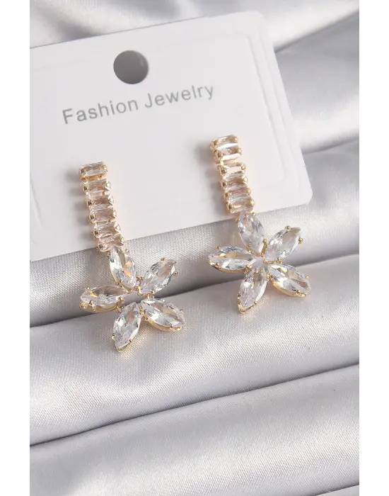  Altın Su Yolu Zirkon Taşlı Çiçek Model Çelik Küpe