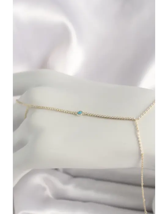 Pirinç Gold Renk Su Yolu Zirkon Taşlı Mavi Taş Detaylı Kadın Şahmeran