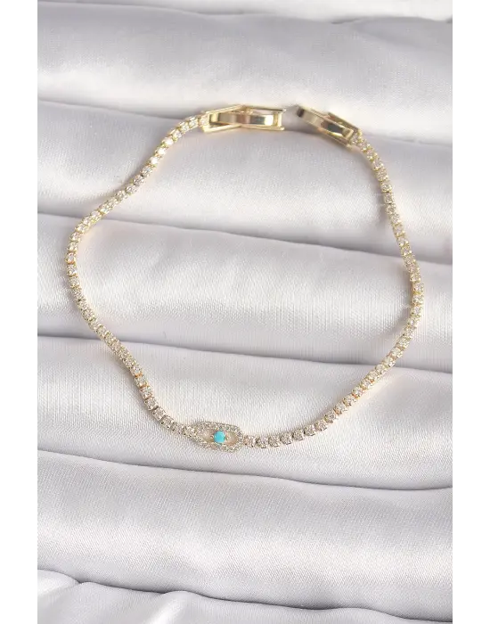 Pirinç Gold Renk Su Yolu Zirkon Taşlı Mavi Taşlı Messika Model Kadın Bileklik