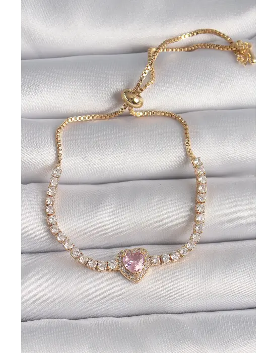 Pirinç Gold Renk Su Yolu Zirkon Taşlı Pembe Zirkon Taşlı Kalp Asansör Model Charm Kadın Bileklik