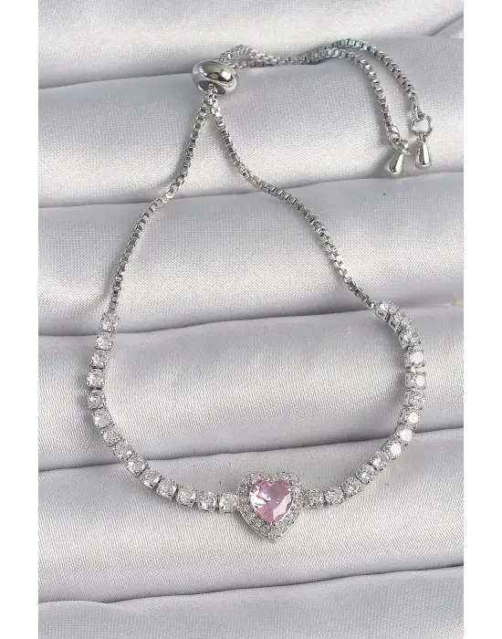 Pirinç Gold Renk Su Yolu Zirkon Taşlı Pembe Zirkon Taşlı Kalp Asansör Model Charm Kadın Bileklik