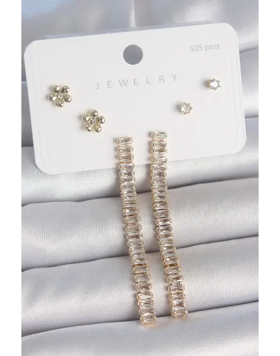 Pirinç Gold Renk Su Yolu Zirkon Taşlı Sallantı Model Çiçek Detay 925 Ayar Gümüş Çivi Kadın Küpe Seti