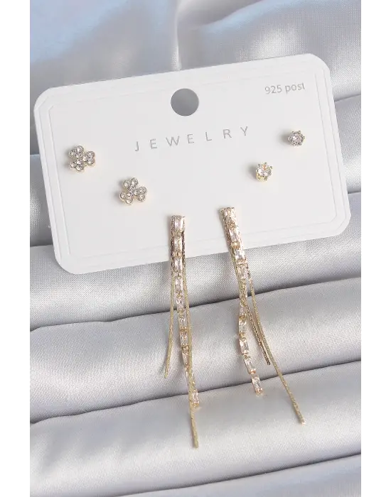 Pirinç Gold Renk Su Yolu Zirkon Taşlı Sallantı Model Çiçek Detay 925 Ayar Gümüş Çivi Kadın Küpe Seti