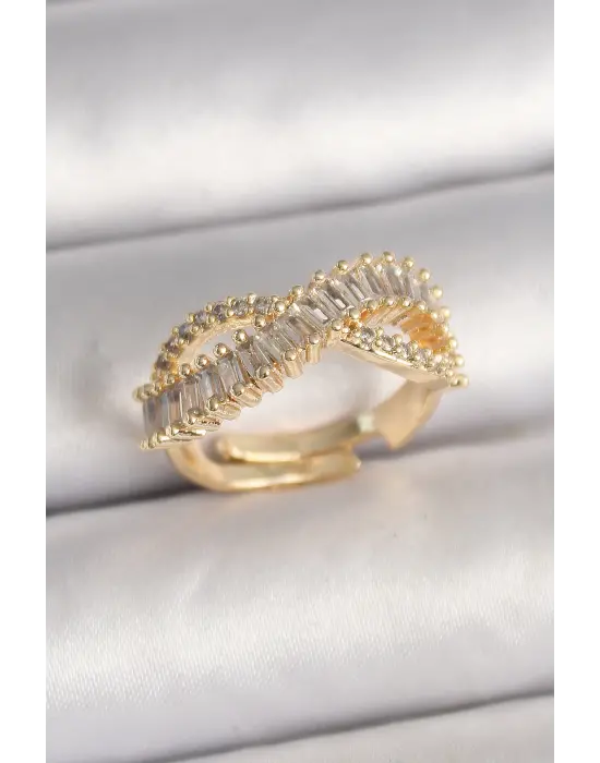 Pirinç Gold Renk Su Yolu Zirkon Taşlı Sonsuzluk Model Ayarlanabilir Kadın Yüzük