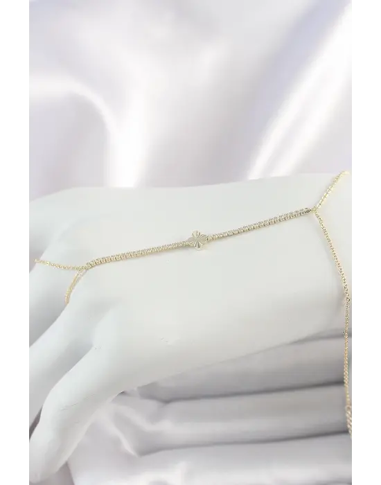 Pirinç Gold Renk Su Yolu Zirkon Taşlı Yonca Model Kadın Şahmeran