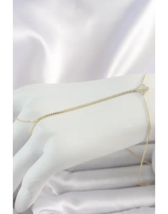 Pirinç Gold Renk Su Yolu Zirkon Taşlı Yonca Model Kadın Şahmeran