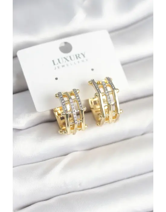 Pirinç Gold Renk Taşlı Halka Kadın Küpe