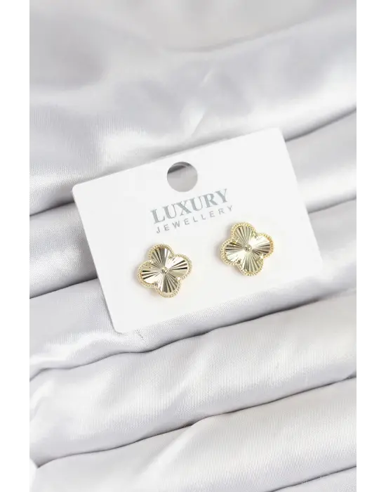 Pirinç Gold Renk Tekli Yonca Kadın Küpe