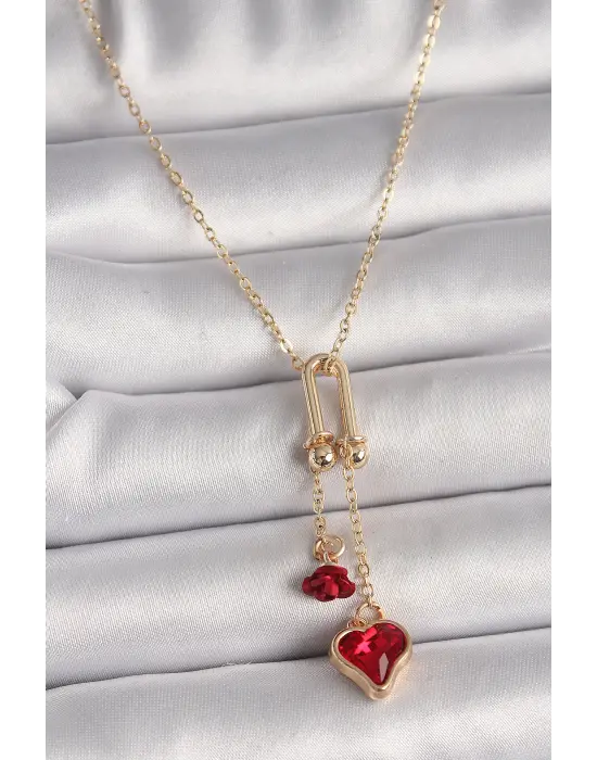 Pirinç Altın  Tiffany Model Sallantı Kırmızı Taşlı Kalp Gül Figür  Çelik Kolye