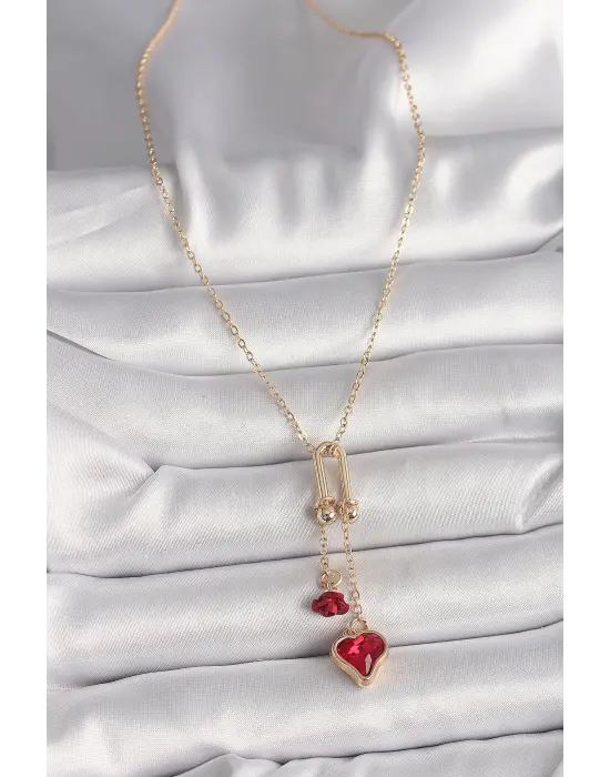 Pirinç Altın  Tiffany Model Sallantı Kırmızı Taşlı Kalp Gül Figür  Çelik Kolye